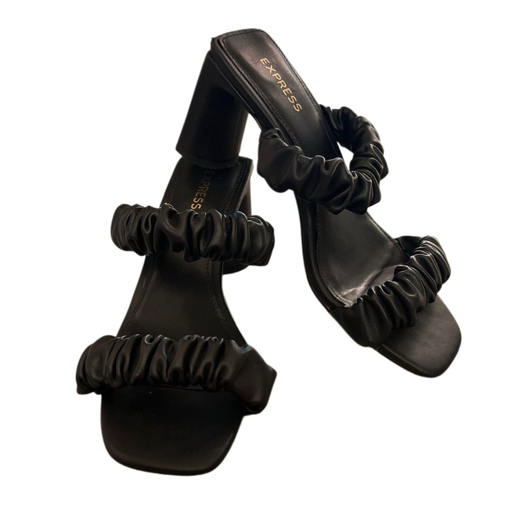 Express Black Block Heel Ruched Braided Slip On Sandals